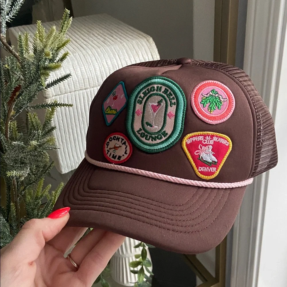 Anthropologie Christmas trucker hat embroidered patches OSFM
